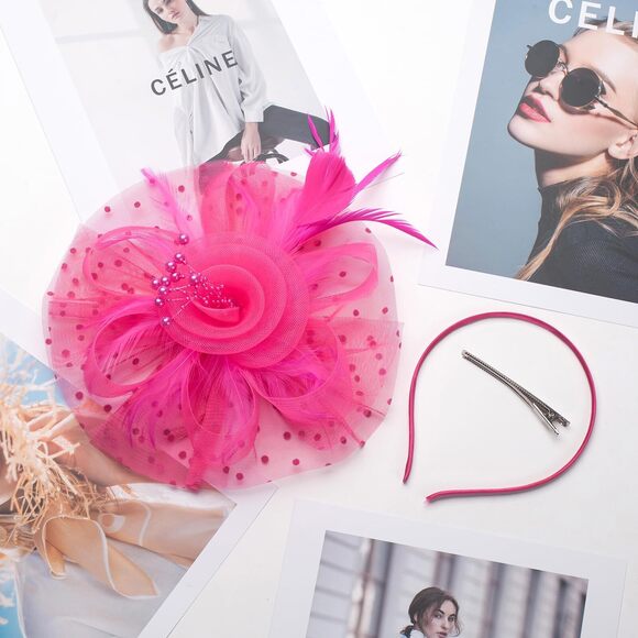 7813 Fascinators Hatsfor Women, Tea Party Derby Hats Pink Fascinators Headband - Picture 6 of 7